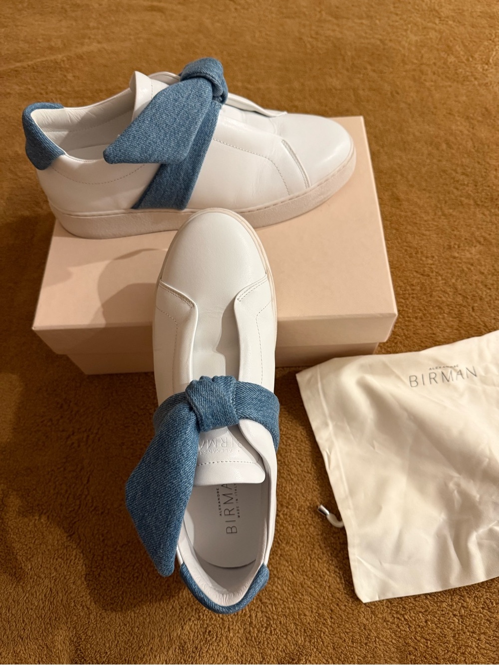 Alexandre Birman White Leather Sneakers with Denim Blue Bow Sz 40( 10us)